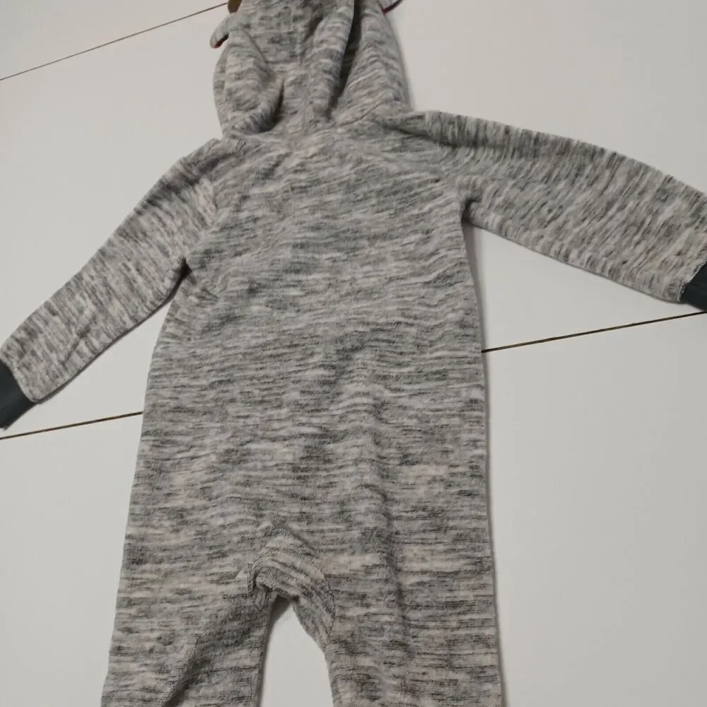 Cat & Jack Baby 12M‎ Romper Gray Heathered Stretch Buffalo Plaid Ears Horns Zip